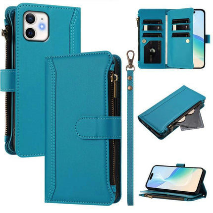 Leather Phone Case With Wallet For Everyday Organization And Safe Carrying On The Go - teal leather wallet case with nine card slots, cash pocket, wrist strap