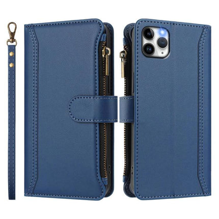 Leather Phone Case With Card Slots For Daily Card Organization And Easy On The Go Access blue zip wallet-style PU leather phone cover with wrist strap