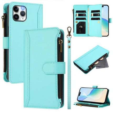 Leather Phone Case With Card Slots For Daily Card Organization And Easy On The Go Access in turquoise wallet style with zipper, wrist strap, and multiple card slots