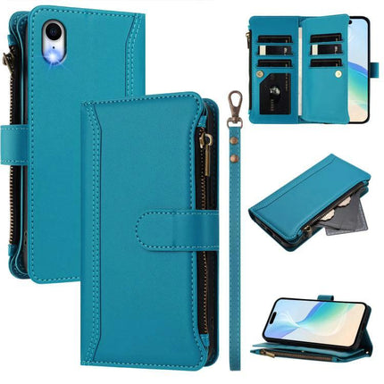 Practical Leather Phone Case With Card Organizer For Daily Essentials On The Go Anytime in teal PU with zipper, wrist strap, 9 card slots and phone stand