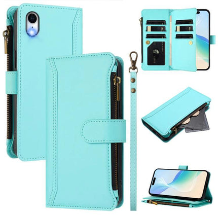 Practical Leather Phone Case With Card Organizer For Daily Essentials On The Go Anytime - turquoise zip wallet cover with 9 card slots and wrist strap