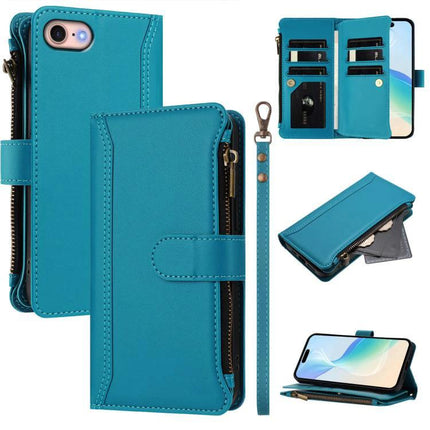 Leather iPhone Case With Card Slots For Daily Essentials On The Go A Practical Everyday Carry Accessory - teal wallet case with zipper, wrist strap, nine card slots, foldable stand