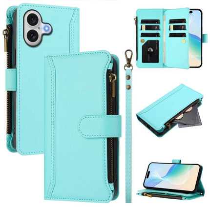 Leather Phone Case With Card Wallet For Daily Organization in aqua PU with zipper pocket, nine card slots and wrist strap
