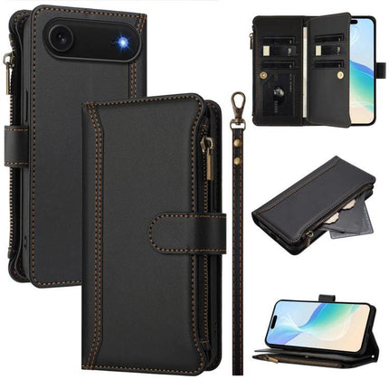 Leather Wallet Case With Strap For Daily Phone Organization black PU zip wallet phone case with card slots and detachable strap