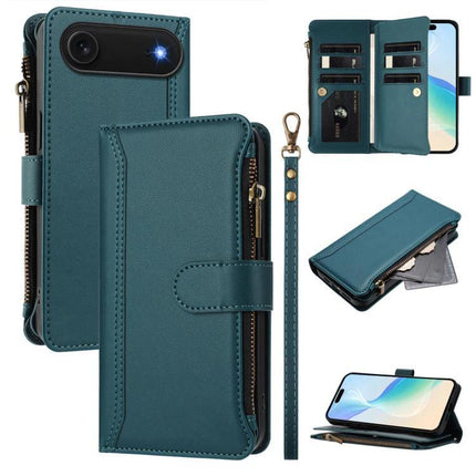 Leather Wallet Case With Strap For Daily Phone Organization showing teal PU exterior, card slots, zipper pocket and detachable wrist strap
