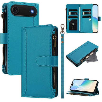 Leather Wallet Case With Strap For Daily Phone Organization turquoise PU wallet case with detachable strap, card slots, zipper coin pocket, phone stand