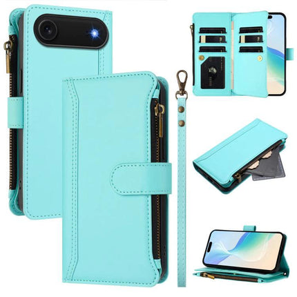 Leather Wallet Case With Strap For Daily Phone Organization - teal PU zipper wallet case with detachable strap, card slots, cash pocket, phone stand