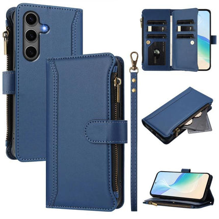 Magnetic Closure Zipper Leather Case With 9 Card Slots For S25 S24 Series 5G - blue leather wallet case with detachable wrist strap and zippered coin pocket