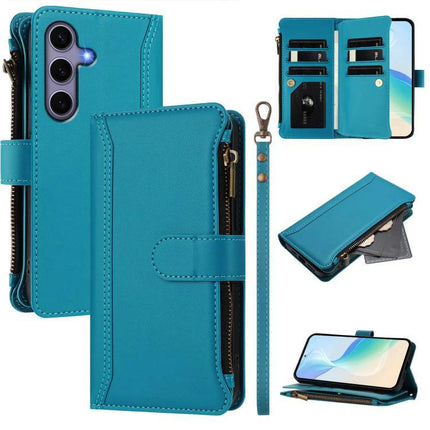Magnetic Closure Zipper Leather Case With 9 Card Slots For S25 S24 Series 5G - teal wallet phone case with wrist strap and zipper