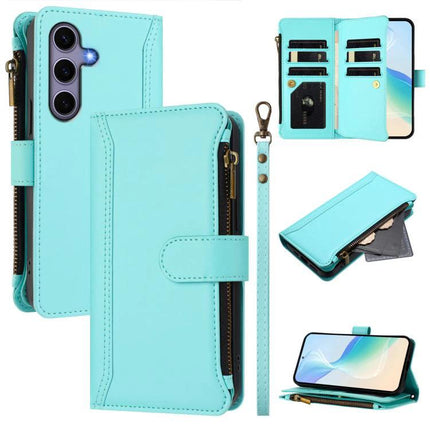 Magnetic Closure Zipper Leather Case With 9 Card Slots For S25 S24 Series 5G in teal wallet style with detachable wrist strap and zipper pocket