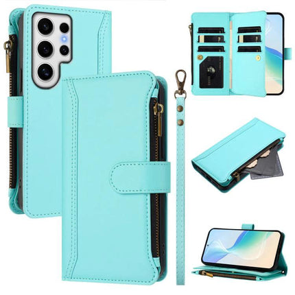 Magnetic Closure Case 9 Card Slots For Galaxy S23 S24 Ultra 5G Hand Strap turquoise wallet zipper folio with 9 card slots and hand strap