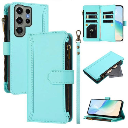 Magnetic Closure Case 9 Card Slots For Galaxy S23 S24 Ultra 5G Hand Strap - teal wallet zipper leather phone case with 9 card slots and wrist strap