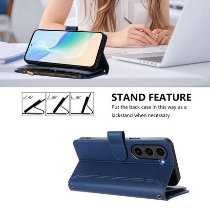 Magnetic Closure Case With 9 Card Slots And Wrist Strap For Galaxy S23 Plus in blue showing stand feature, zipper pocket and detachable wrist strap