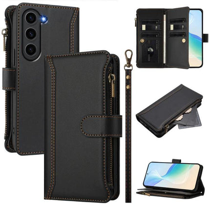 Magnetic Closure Case With 9 Card Slots And Wrist Strap For Galaxy S23 Plus in black PU leather wallet with zipper pocket and detachable wrist strap