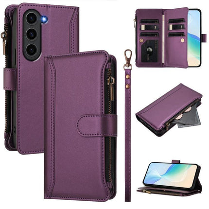 Magnetic Closure Case With 9 Card Slots And Wrist Strap For Galaxy S23 Plus – purple PU leather wallet case with zipper pocket and detachable wrist strap