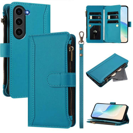 Magnetic Closure Case With 9 Card Slots And Wrist Strap For Galaxy S23 Plus - teal PU leather wallet case with zipper pocket and detachable wrist strap