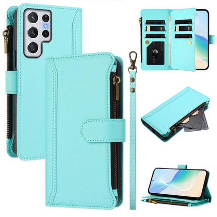 Magnetic Closure Case With 9 Card Slots And Wrist Strap For Galaxy S23 Plus in teal leather wallet style with zipper pocket and detachable wrist strap