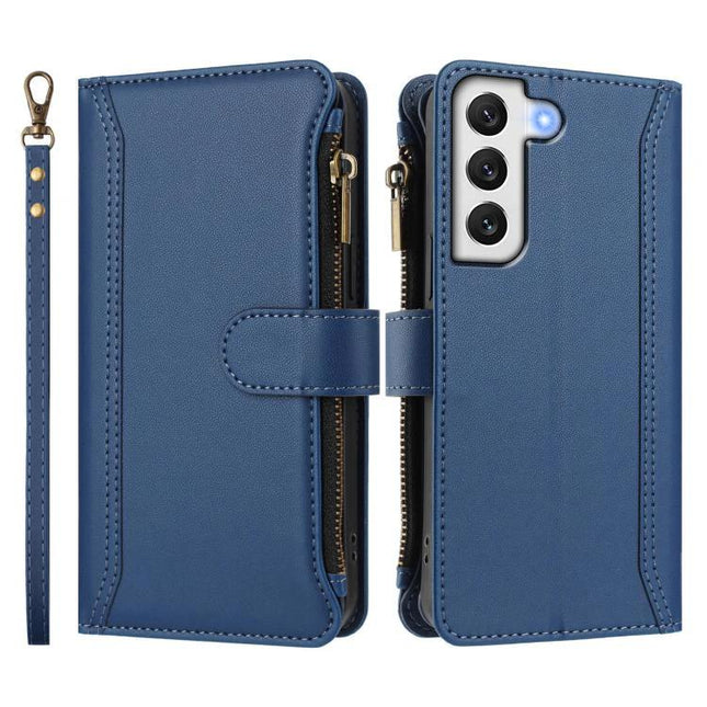 Magnetic Closure Leather Wallet Case With 9 Card Slots For Galaxy S21 S21 FE S22 - blue zippered wallet case with detachable wrist strap