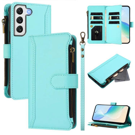 Magnetic Closure Leather Wallet Case With 9 Card Slots For Galaxy S21 S21 FE S22 turquoise zip wallet case with detachable wrist strap and foldable stand