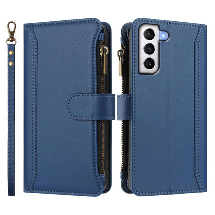 Magnetic Closure Zipper PU Case With 9 Card Slots For Galaxy S21 Plus Ultra 5G blue wallet case with wrist strap, zipper pocket and magnetic closure