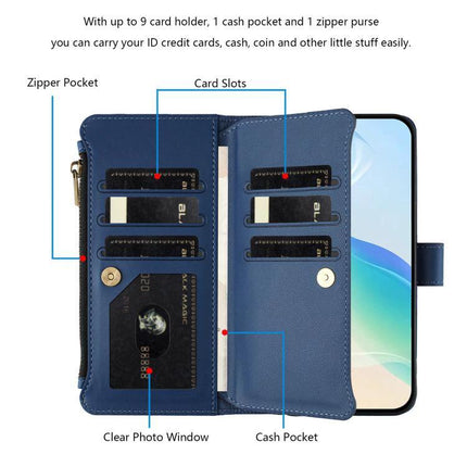 Magnetic Closure Zipper PU Case With 9 Card Slots For Galaxy S21 Plus Ultra 5G open blue wallet case showing card slots zipper pocket clear ID window and phone