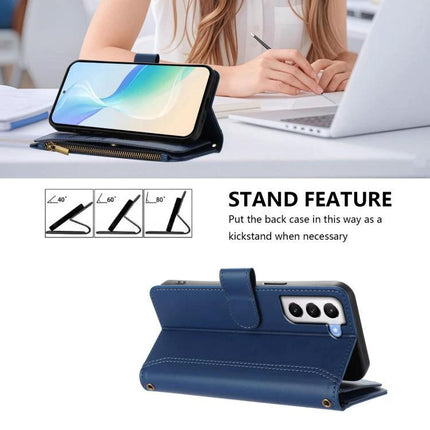 Magnetic Closure Zipper PU Case With 9 Card Slots For Galaxy S21 Plus Ultra 5G - blue wallet stand case showing kickstand and card slots