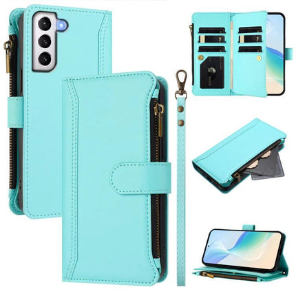 Magnetic Closure Zipper PU Case With 9 Card Slots For Galaxy S21 Plus Ultra 5G in turquoise wallet style with wrist strap, zipper pocket, and card slots