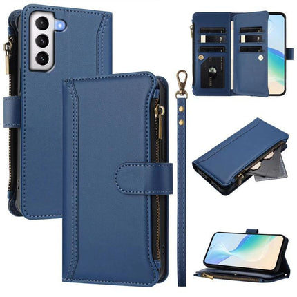 Magnetic Closure Leather Wallet Case With 9 Card Slots For Galaxy S21 S21 FE S22 - blue PU leather wallet case with detachable wrist strap, zip pocket, and phone stand