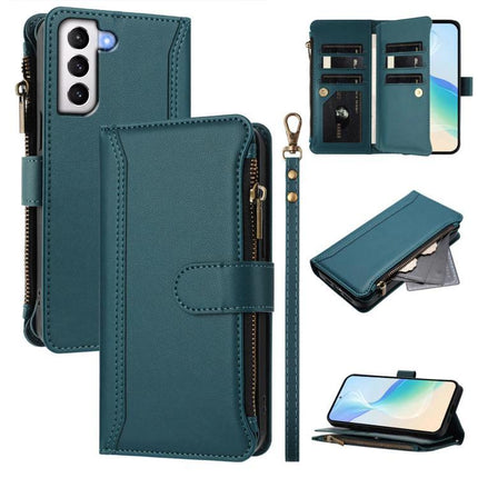 Magnetic Closure Leather Wallet Case With 9 Card Slots For Galaxy S21 S21 FE S22 teal PU zip wrist strap foldable cover