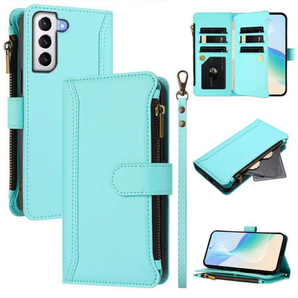 Magnetic Closure Leather Wallet Case With 9 Card Slots For Galaxy S21 S21 FE S22 in turquoise with zipper pocket, wrist strap, and detachable folio stand