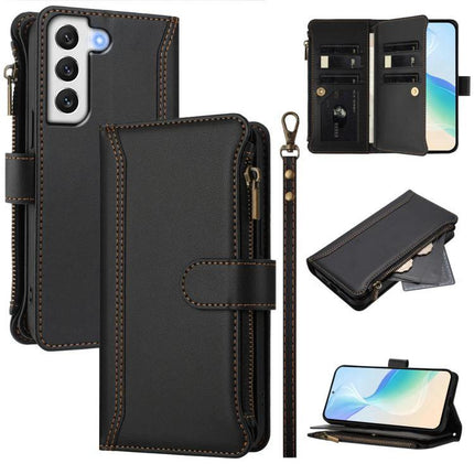 Magnetic Closure Leather Wallet Case With 9 Card Slots For Galaxy S21 S21 FE S22 black PU leather zip wrist strap wallet case