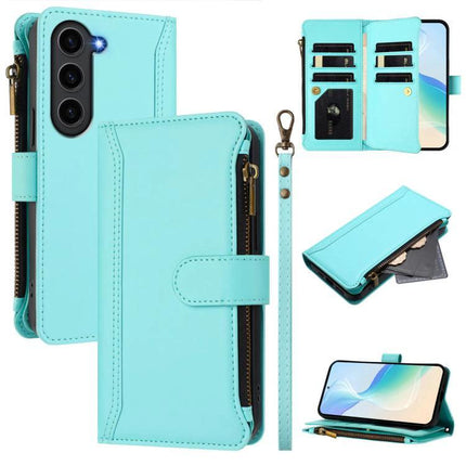 Magnetic Closure Case 9 Card Slots For Galaxy S23 S24 Ultra 5G Hand Strap - turquoise wallet zip leather phone case with 9 card slots