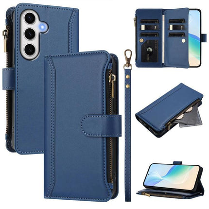 Magnetic Closure Case 9 Card Slots For Galaxy S23 S24 Ultra 5G Hand Strap blue leather wallet case with zipper, 9 card slots, cash pocket, hand strap