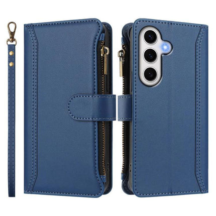 Magnetic Closure Case 9 Card Slots For Galaxy S23 S24 Ultra 5G Hand Strap - blue PU leather wallet case with zipper, 9 card slots and hand strap