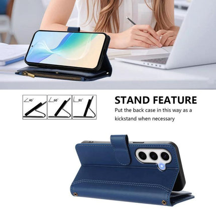 Magnetic Closure Case 9 Card Slots For Galaxy S23 S24 Ultra 5G Hand Strap - blue leather wallet case with kickstand and zipper pocket