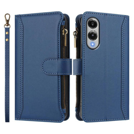 Magnetic Closure Zipper Leather Case With 9 Card Slots For S25 S24 Series 5G blue leather wallet case with wrist strap and zipper