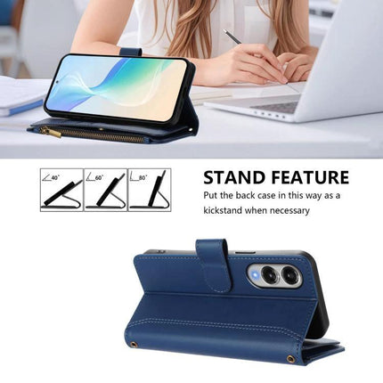 Magnetic Closure Zipper Leather Case With 9 Card Slots For S25 S24 Series 5G shown standing as a blue wallet case with detachable wrist strap and zipper