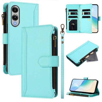 Magnetic Closure Zipper Leather Case With 9 Card Slots For S25 S24 Series 5G in mint teal with detachable wrist strap, zipper coin pocket and card slots