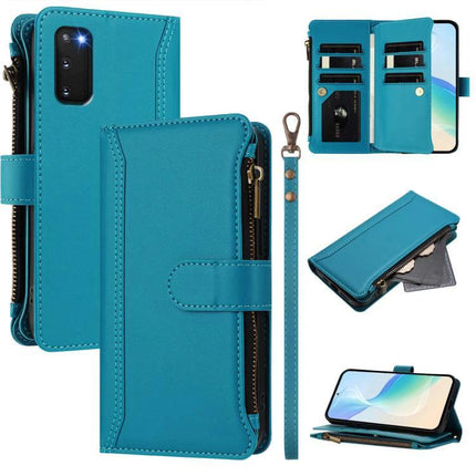 Magnetic Closure Case With 9 Card Slots And Wrist Strap For Galaxy S23 Plus turquoise PU leather wallet case with zipper pocket and detachable wrist strap
