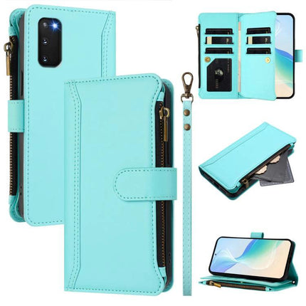 Magnetic Closure Case With 9 Card Slots And Wrist Strap For Galaxy S23 Plus shown in turquoise leather wallet style with zipper pocket and detachable wrist strap
