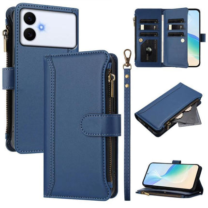 Magnetic Closure Leather 9 Card Slots With Hand Strap For Samsung Galaxy S26 5G blue wallet case with zipper pocket, wrist strap, stand and 9 card slots