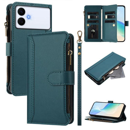 Magnetic Closure Leather 9 Card Slots With Hand Strap For Samsung Galaxy S26 5G teal PU wallet case with zipper coin pocket and card slots