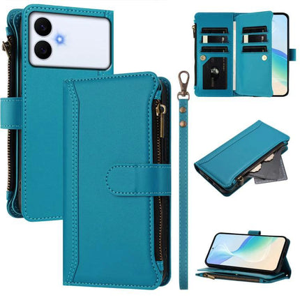 Magnetic Closure Leather 9 Card Slots With Hand Strap For Samsung Galaxy S26 5G turquoise wallet case with zipper, card slots, hand strap and phone stand