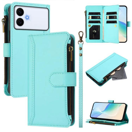 Magnetic Closure Leather 9 Card Slots With Hand Strap For Samsung Galaxy S26 5G turquoise wallet case with zipper pocket and phone stand