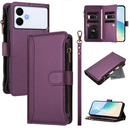 Magnetic Closure Leather 9 Card Slots With Hand Strap For Samsung Galaxy S26 5G purple wallet case with zipper, wrist strap, card slots and kickstand