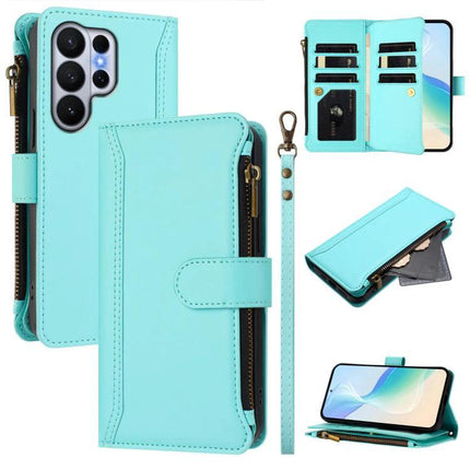 Magnetic Closure Leather 9 Card Slots With Hand Strap For Samsung Galaxy S26 5G turquoise wallet case with zipper pocket, wrist strap, and card slots