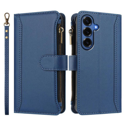 Magnetic Closure Leather 9 Card Slots With Hand Strap For Samsung Galaxy S26 5G blue wallet case showing front, back, zipper pocket and detachable hand strap