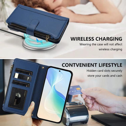 Magnetic Closure Leather 9 Card Slots With Hand Strap For Samsung Galaxy S26 5G blue wallet case showing wireless charging and card slots