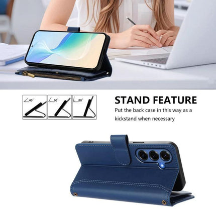 Magnetic Closure Leather 9 Card Slots With Hand Strap For Samsung Galaxy S26 5G wallet case in blue showing kickstand and card storage