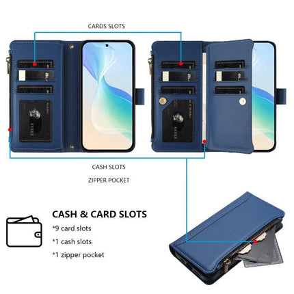 Magnetic Closure Leather 9 Card Slots With Hand Strap For Samsung Galaxy S26 5G blue wallet case showing 9 card slots, cash slot and zipper pocket
